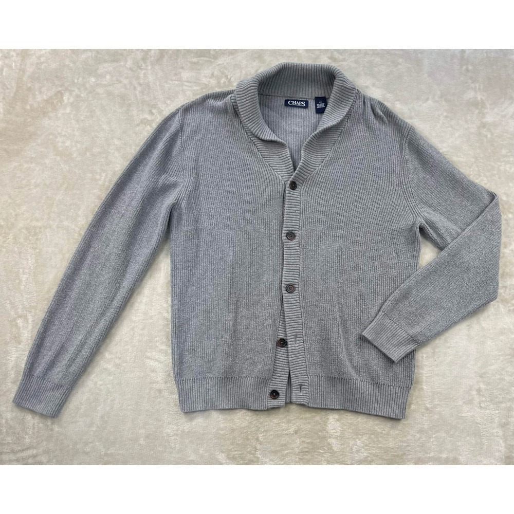 Chaps Mens Grey Ribbed Shawl Collar Button Front Cotton Cardigan Sweater Large